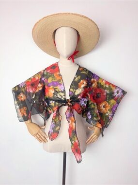 Sheer 70’s Vintage Floral Cropped Tie Top in Black Chiffon Kimono Sleeves M L
